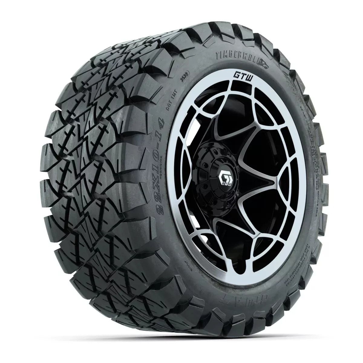 GTW Nexus Gloss Black/Silver 14 in Wheels with 22x10-14 Timberwolf All-Terrain Tires Full Set