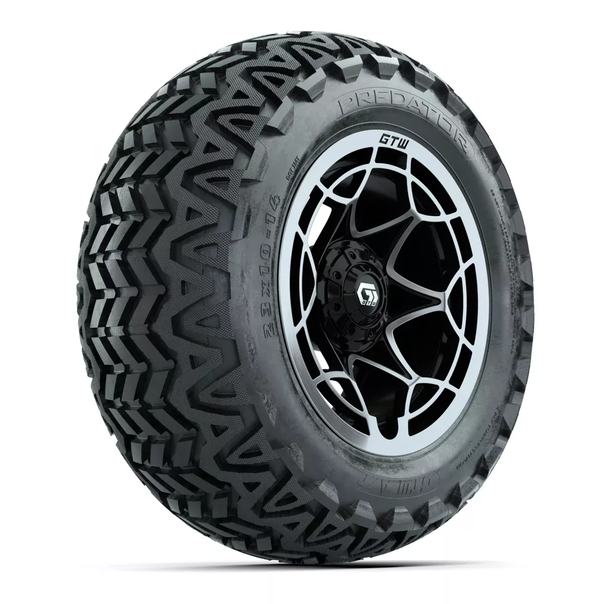 GTW Nexus Gloss Black/Silver 14 in Wheels with 23x10-14 Predator All-Terrain Tires Full Set