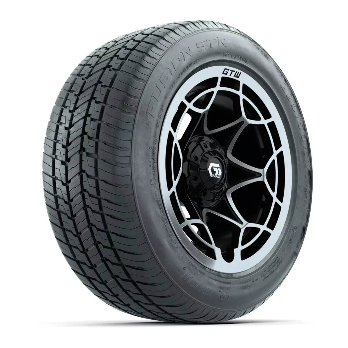 GTW Nexus Gloss Black and Silver 14" Wheels with 225/50-R14 Fusion STR DOT Approved Street Tires - Full Set