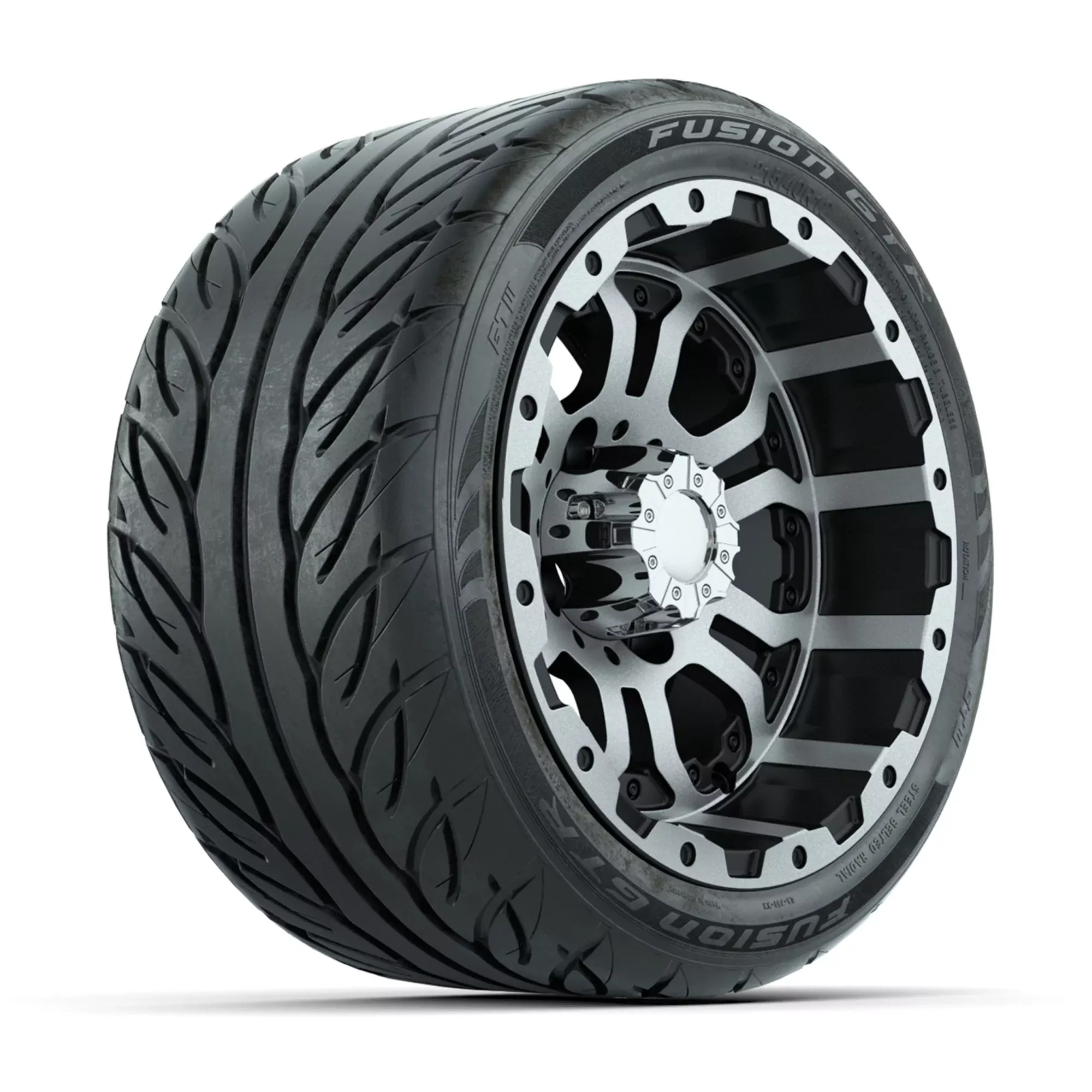 GTW Omega Black/Machined 12 in Wheels with 215/40-R12 Fusion GTR Steel Belt Radial Street Tires - Full Set