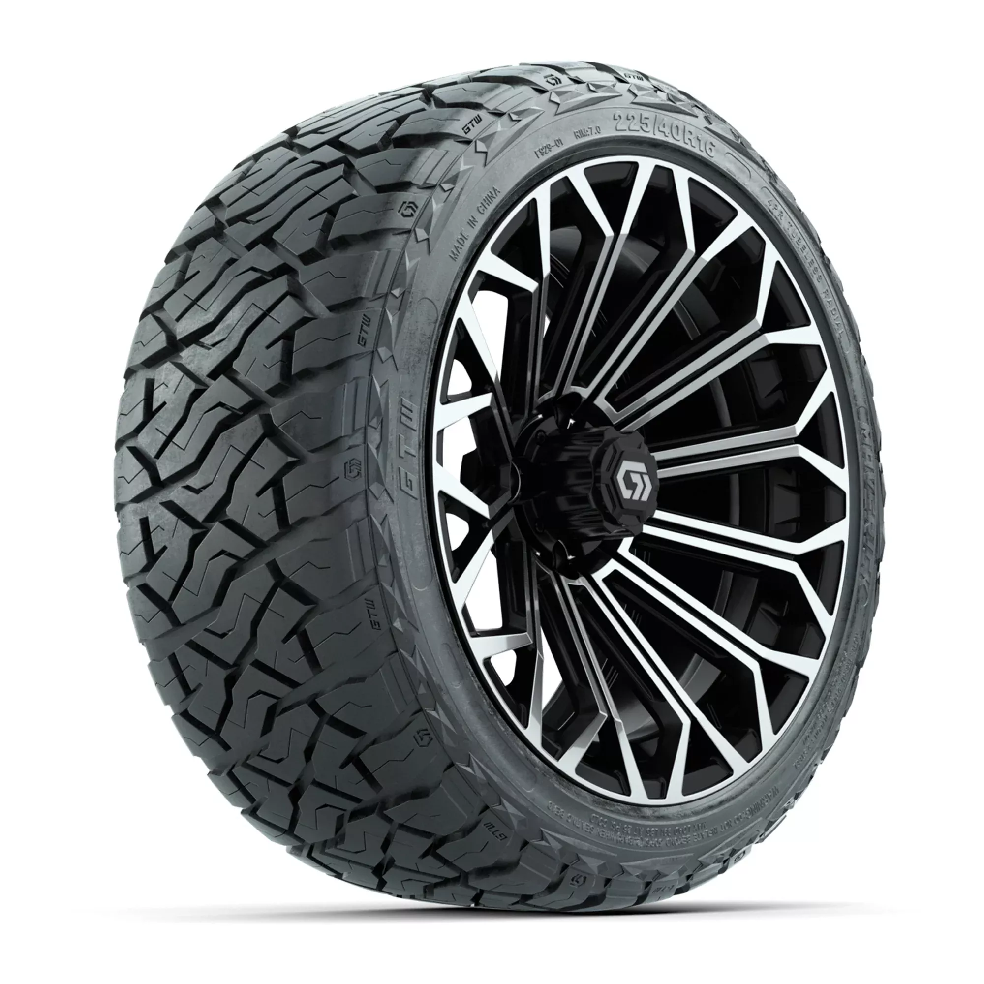GTW Phantom Black/Machined 16" Golf Cart Wheels with 225/40-R16 Maverick A/T Tires - Full Set