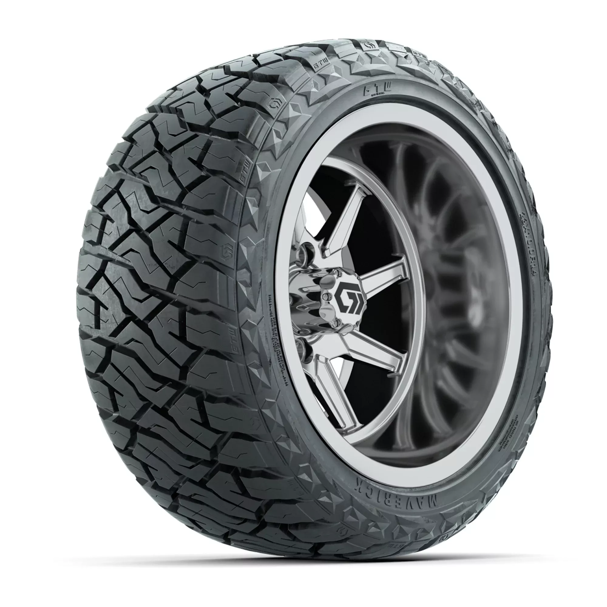 GTW Reaper Chrome 14" Golf Cart Wheels & 23X10-R14 Maverick Steel Belted Radial A/T Tires – Set of 4