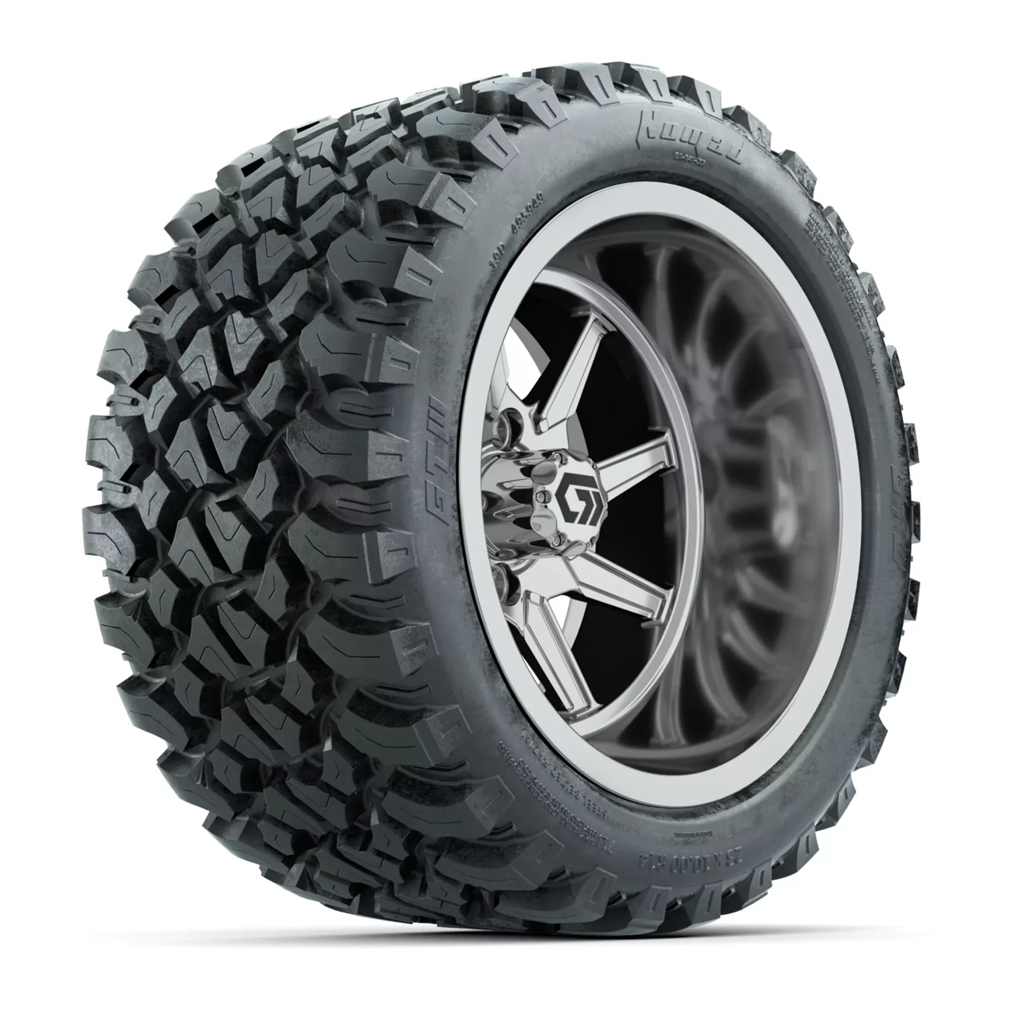 GTW Reaper Chrome 14" Golf Cart Wheels & 23X10-R14 Nomad Steel Belted Radial A/T Tires – Set of 4