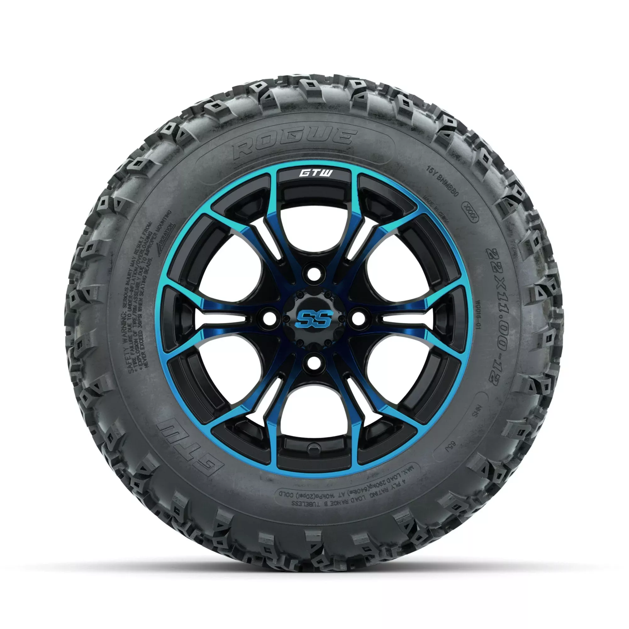 GTW Spyder Blue/Black 12" Wheels with 22x11.00-12 Rogue All Terrain Tires Full Set