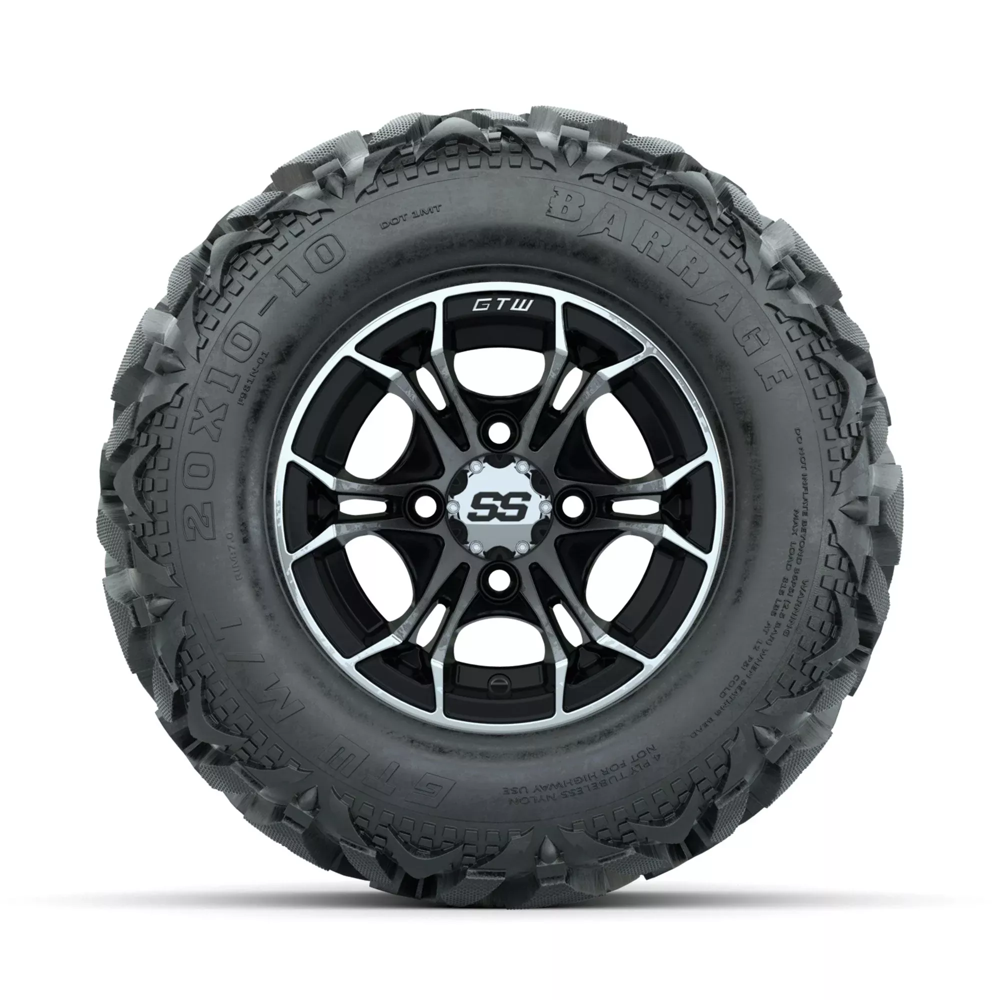 GTW Spyder Machined/Black 10 in Wheels with 20x10-10 Barrage Mud Tires Full Set