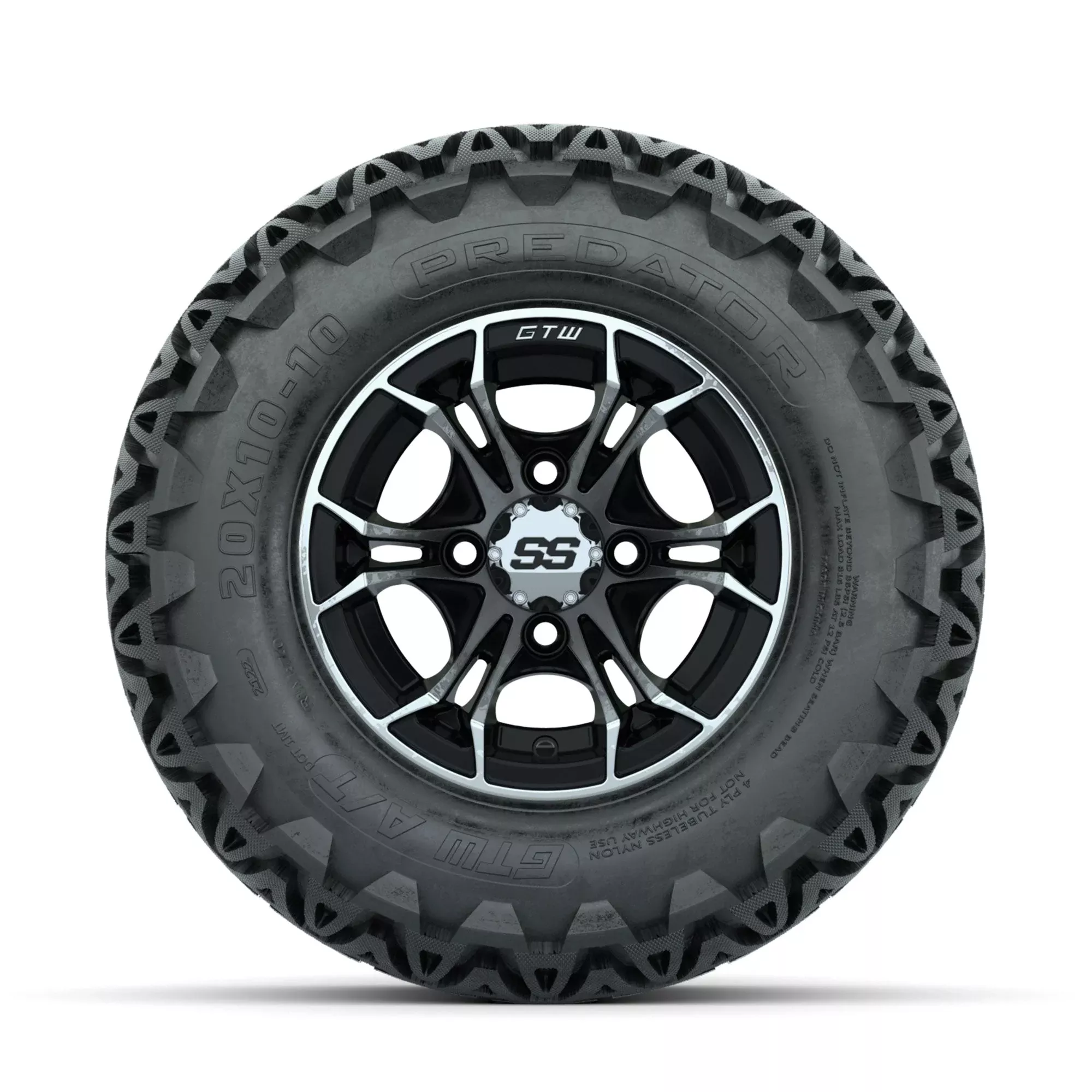 GTW Spyder Machined/Black 10 in Wheels with 20x10-10 Predator All Terrain Tires Full Set
