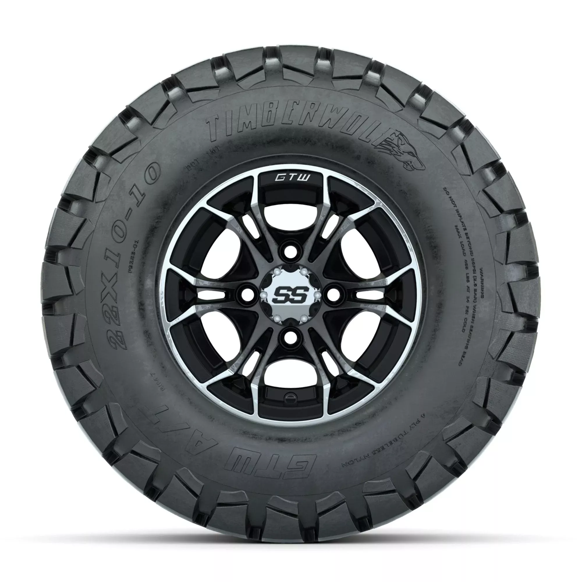 GTW Spyder Machined/Black 10 in Wheels with 22x10-10 Timberwolf All Terrain Tires Full Set