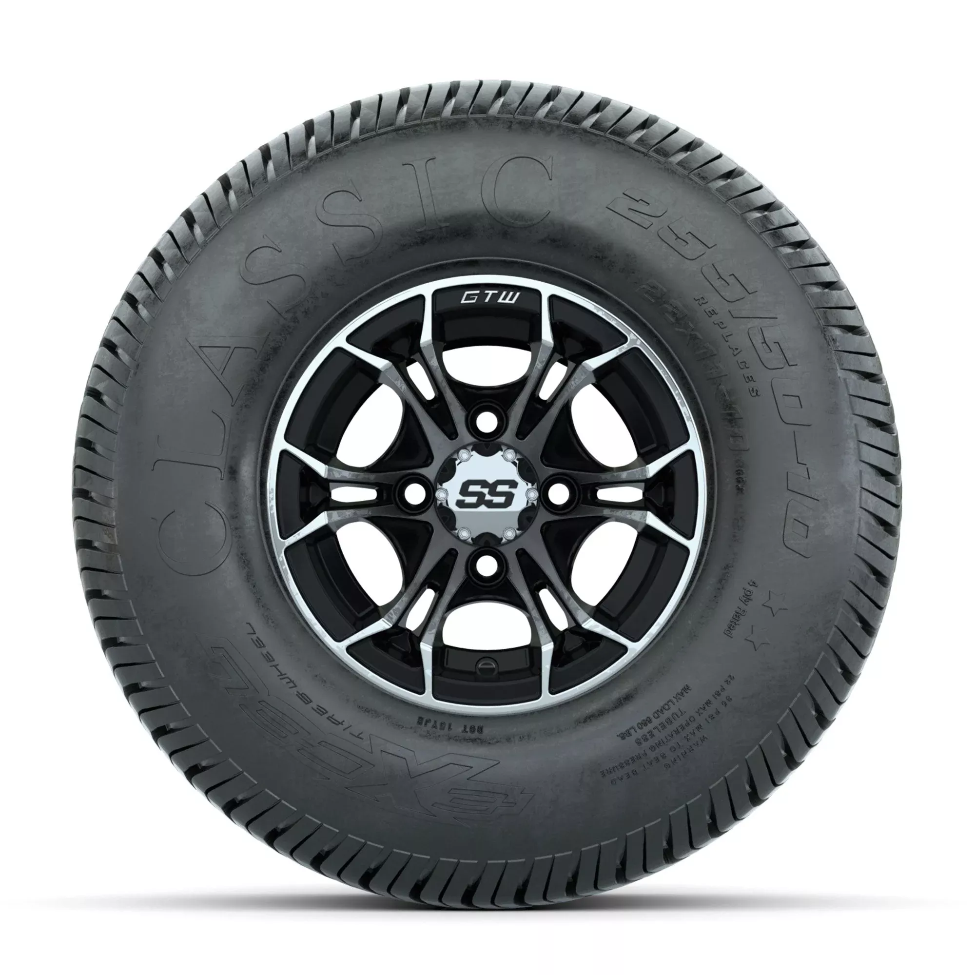 GTW Spyder Machined/Black 10 in Wheels with 22x11-10 Excel Classic Street Tires Full Set