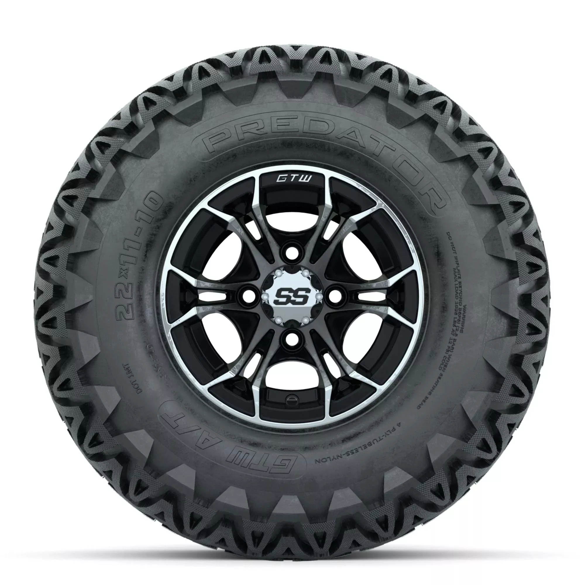 GTW Spyder Machined/Black 10 in Wheels with 22x11-10 Predator All Terrain Tires Full Set