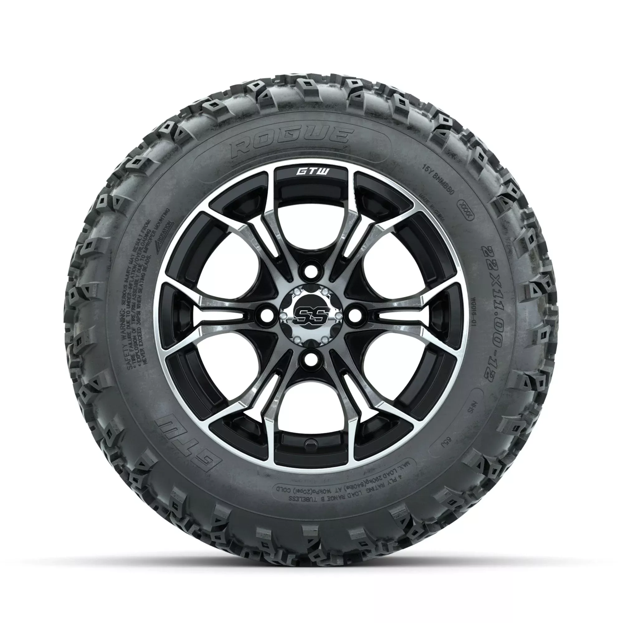 GTW Spyder Machined/Black 12" Wheels with 22x11.00-12 Rogue All Terrain Tires Full Set