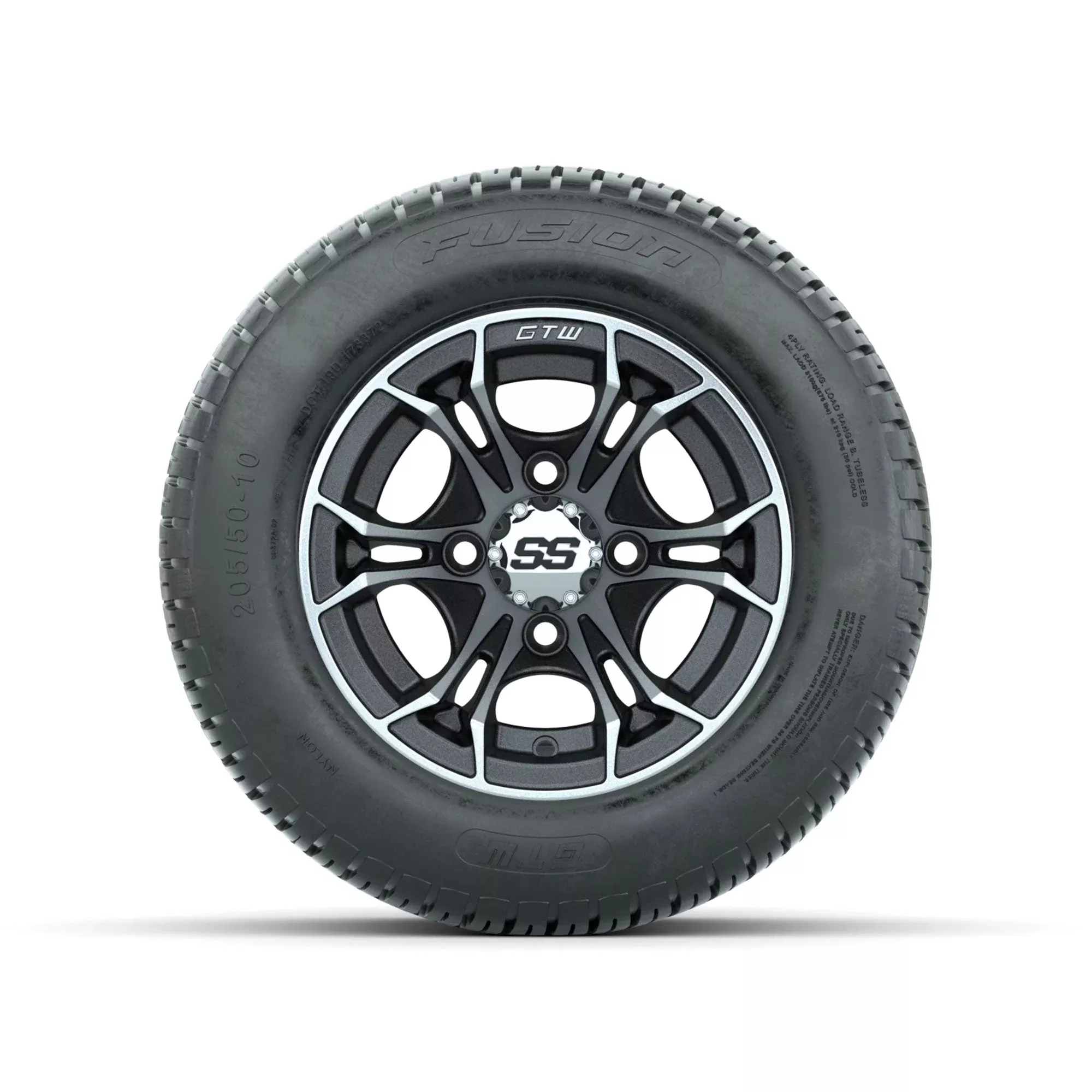 GTW Spyder Machined/Matte Grey 10 in Wheels with 205/50-10 Fusion Street Tires Full Set