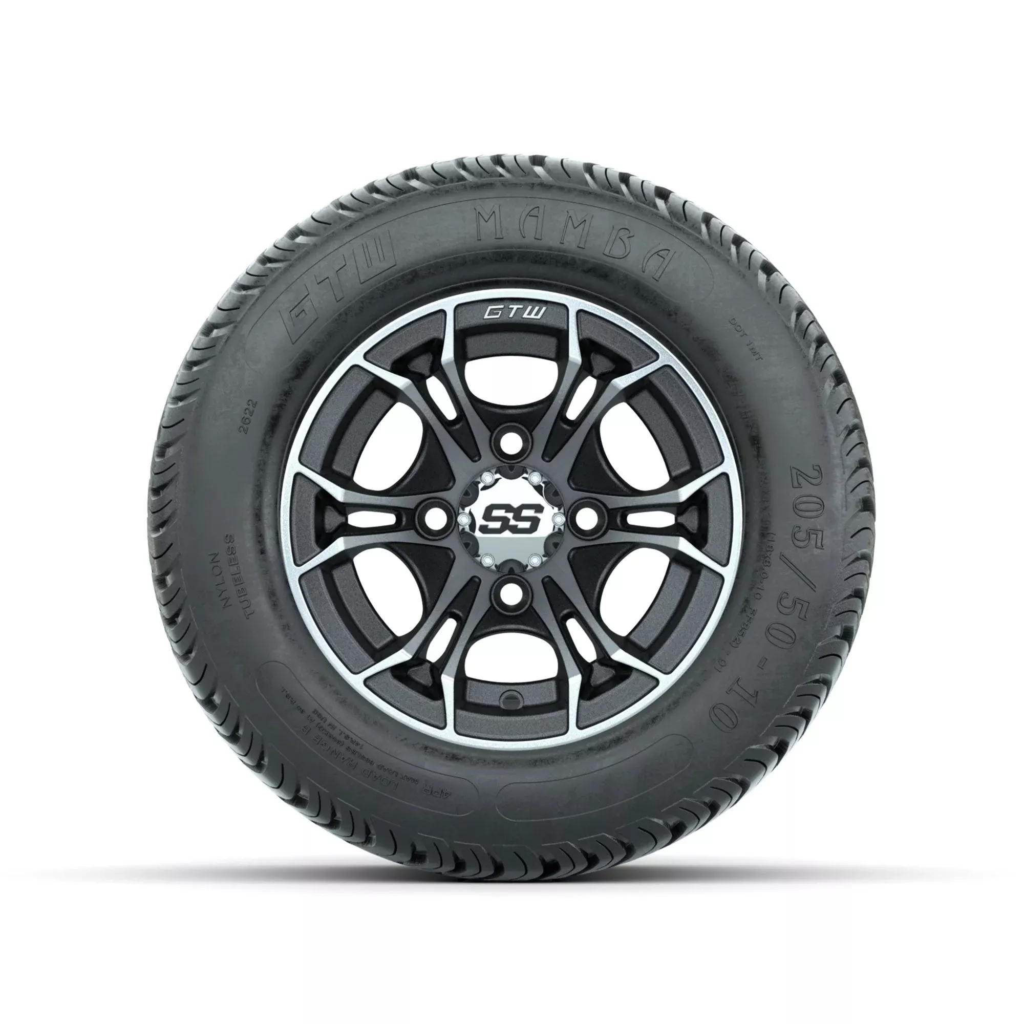 GTW Spyder Machined/Matte Grey 10 in Wheels with 205/50-10 Mamba Street Tires Full Set