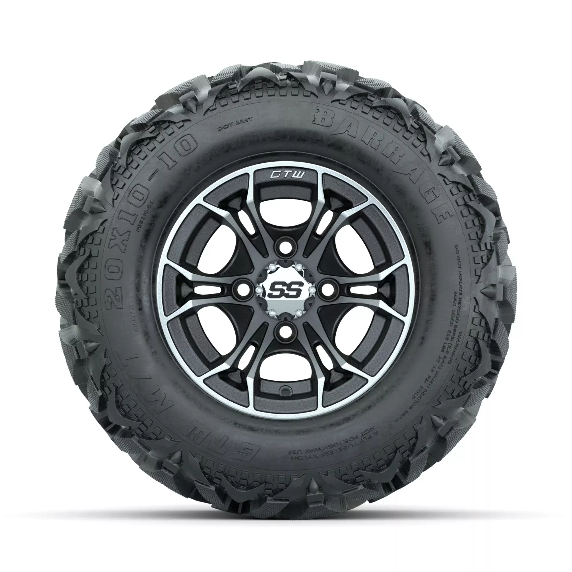 GTW Spyder Machined/Matte Grey 10 in Wheels with 20x10-10 Barrage Mud Tires Full Set