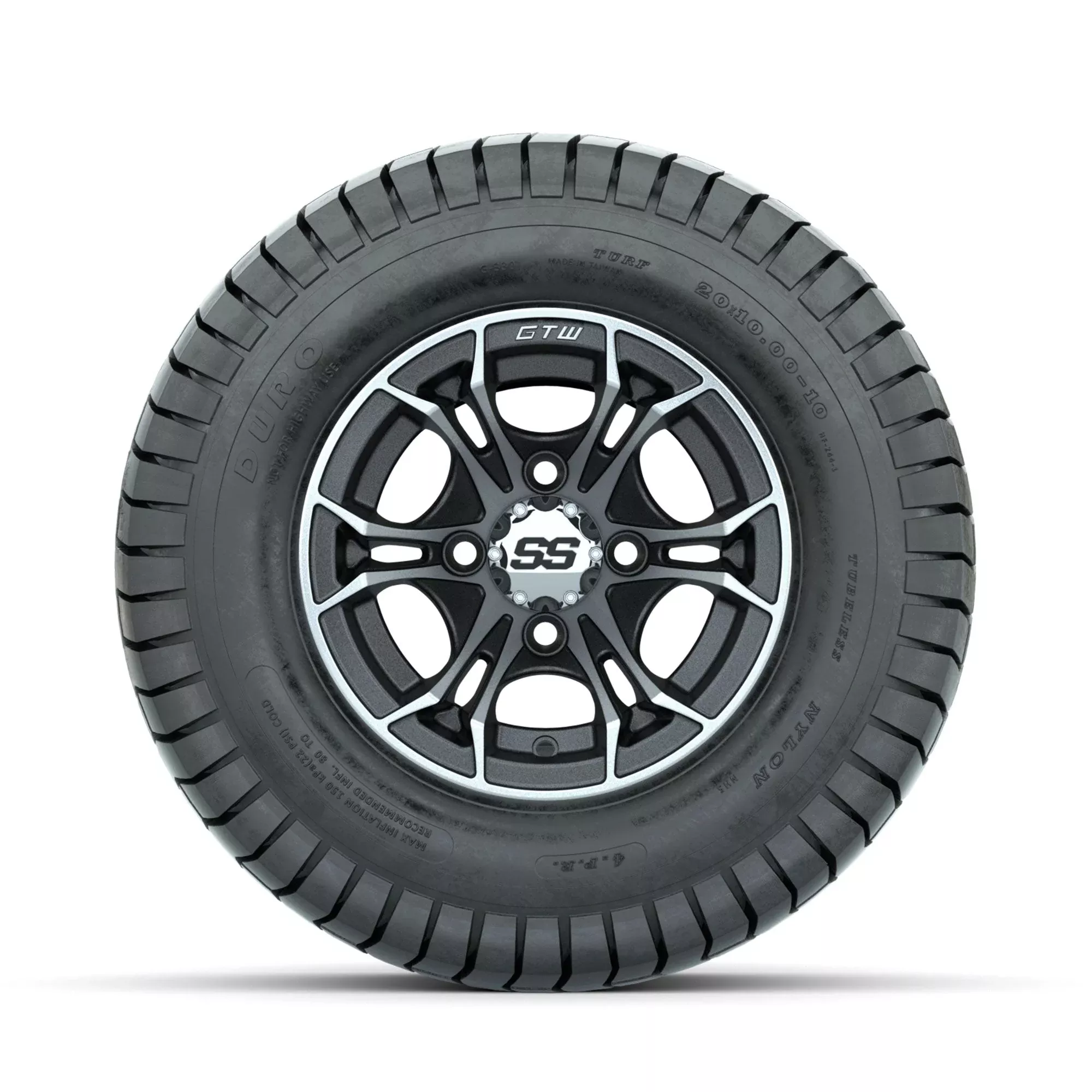 GTW Spyder Machined/Matte Grey 10 in Wheels with 20x10-10 Duro Soft Street Tires Full Set