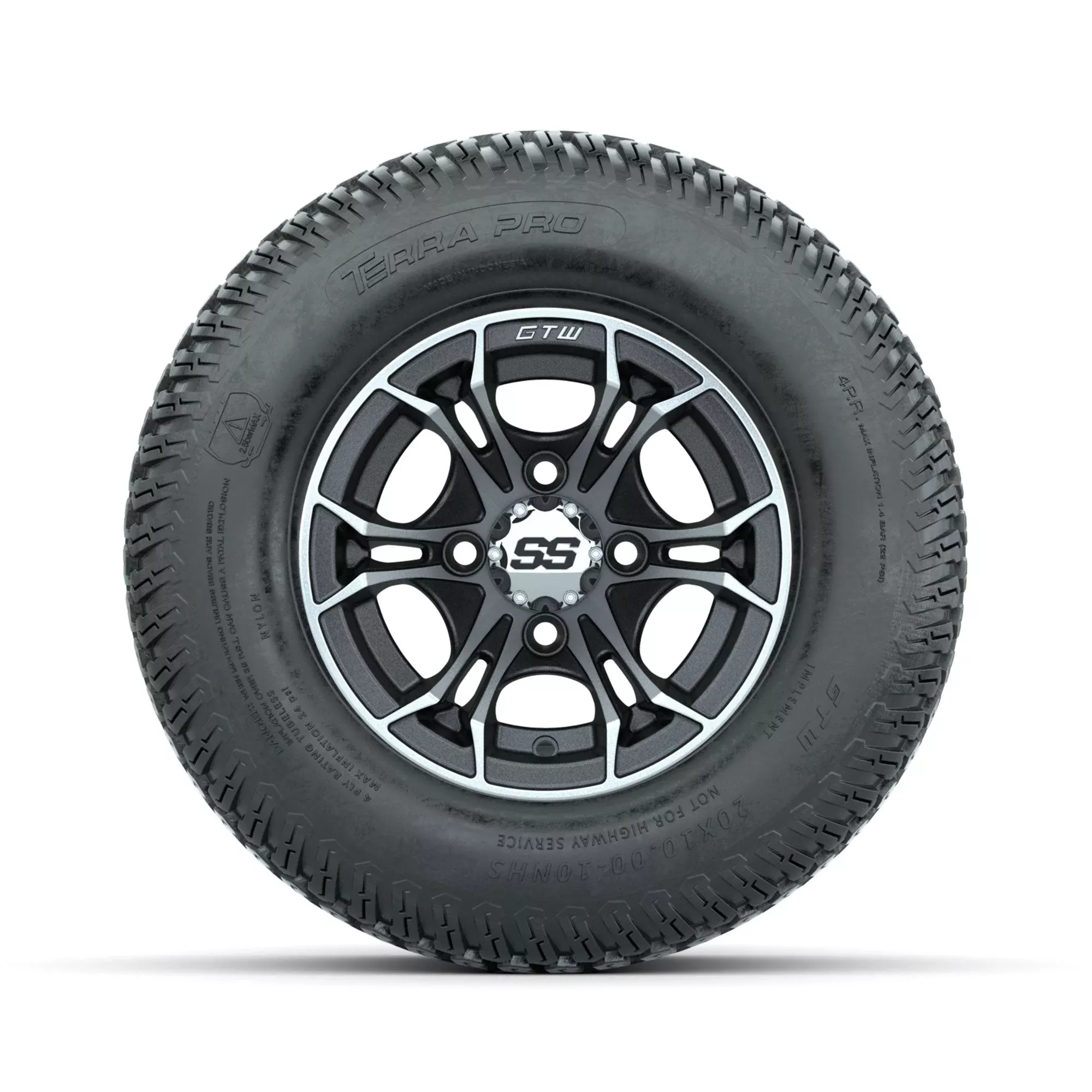 GTW Spyder Machined/Matte Grey 10 in Wheels with 20x10-10 Terra Pro S-Tread Traction TiresFull Set