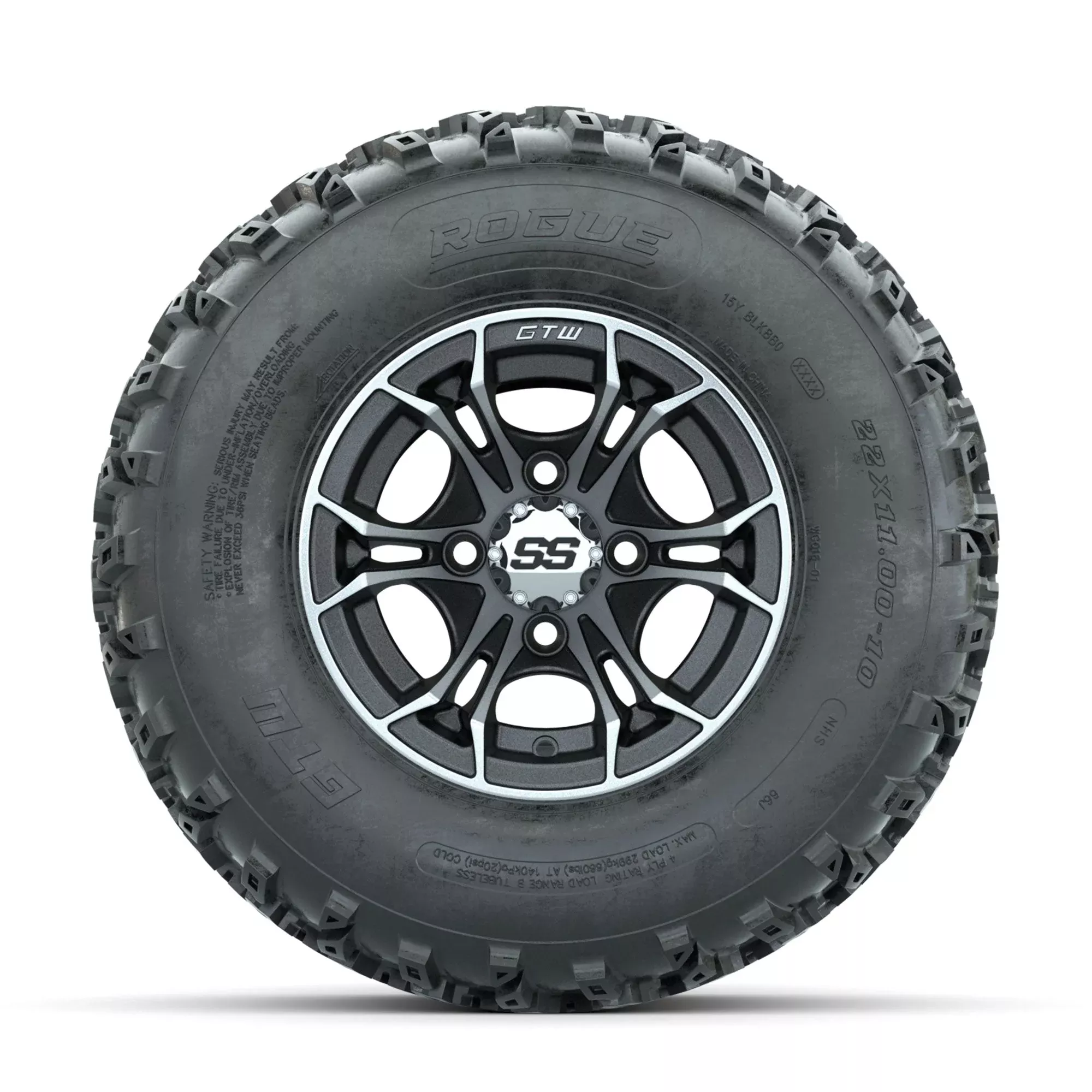 GTW Spyder Machined/Matte Grey 10 in Wheels with 22x11.00-10 Rogue All Terrain Tires Full Set