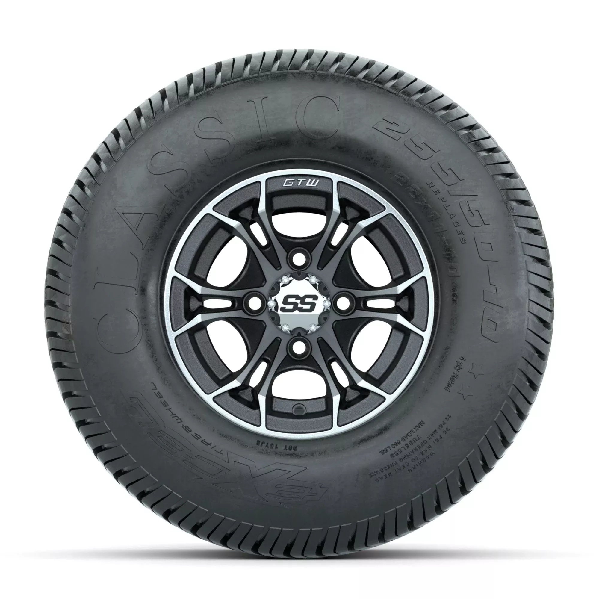 GTW Spyder Machined/Matte Grey 10 in Wheels with 22x11-10 Excel Classic Street Tires Full Set