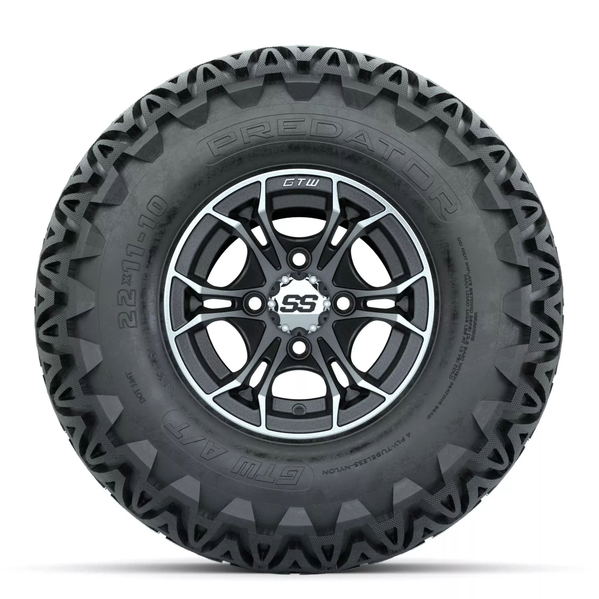 GTW Spyder Machined/Matte Grey 10 in Wheels with 22x11-10 Predator All Terrain Tires Full Set