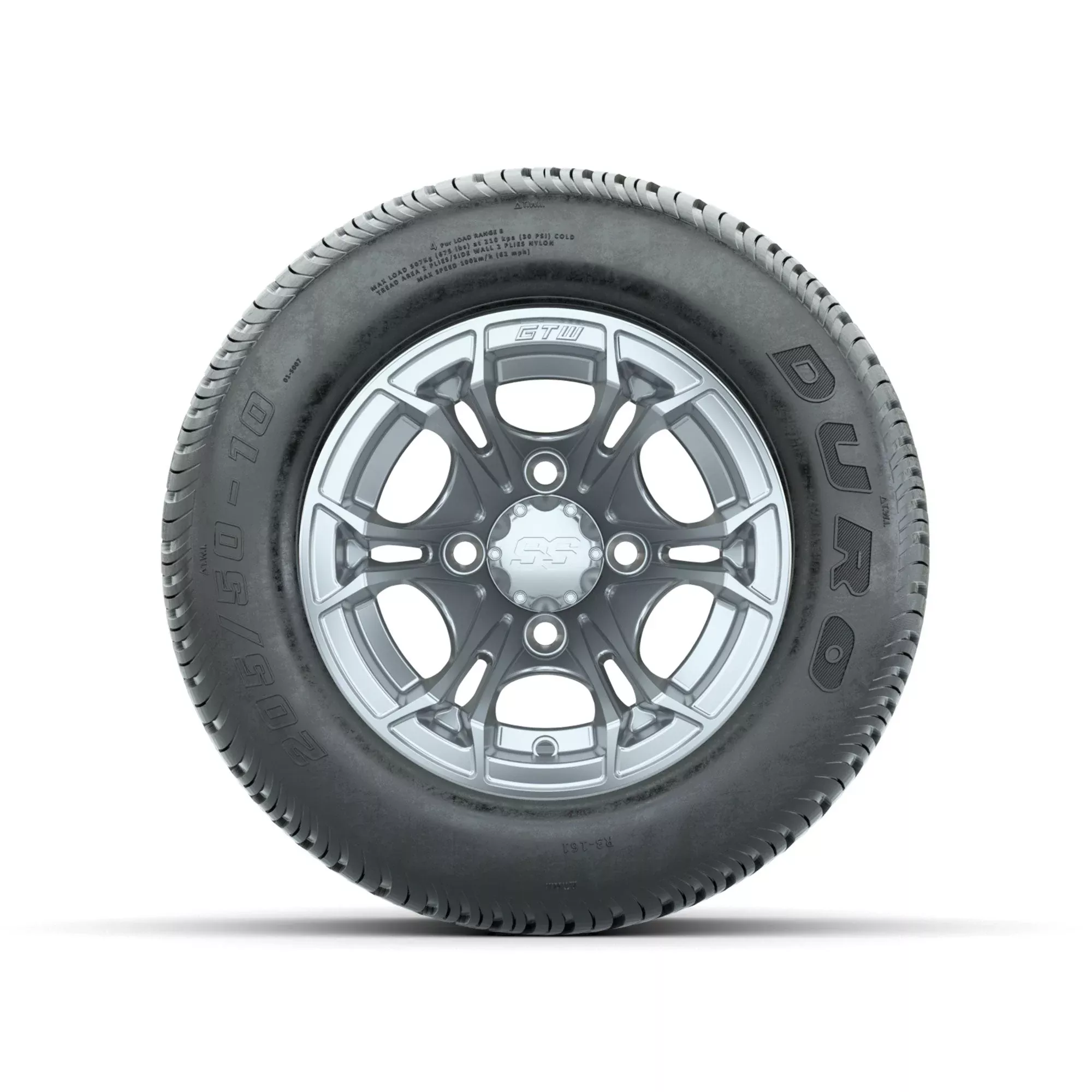 GTW Spyder Silver Brush 10 in Wheels with 205/50-10 Duro Low-profile Tires Full Set