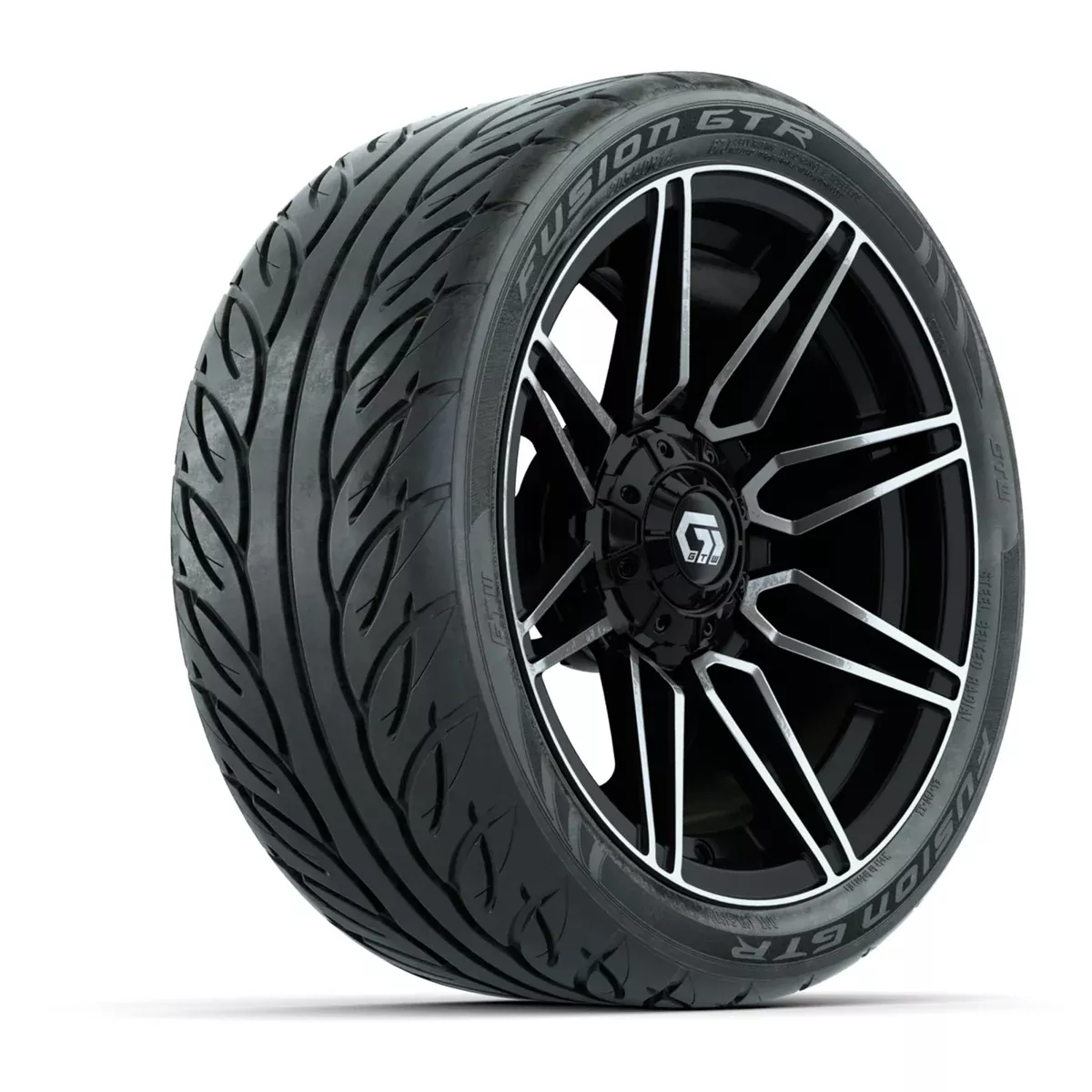 GTW Stealth Gloss Black/Machined 14 in Wheels with 205/40-R14 Fusion GTR Steel Belted Street Tires Full Set