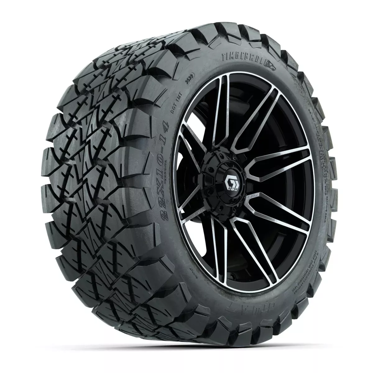 GTW Stealth Gloss Black/Machined 14 in Wheels with 22x10-14 Timberwolf All-Terrain Tires Full Set