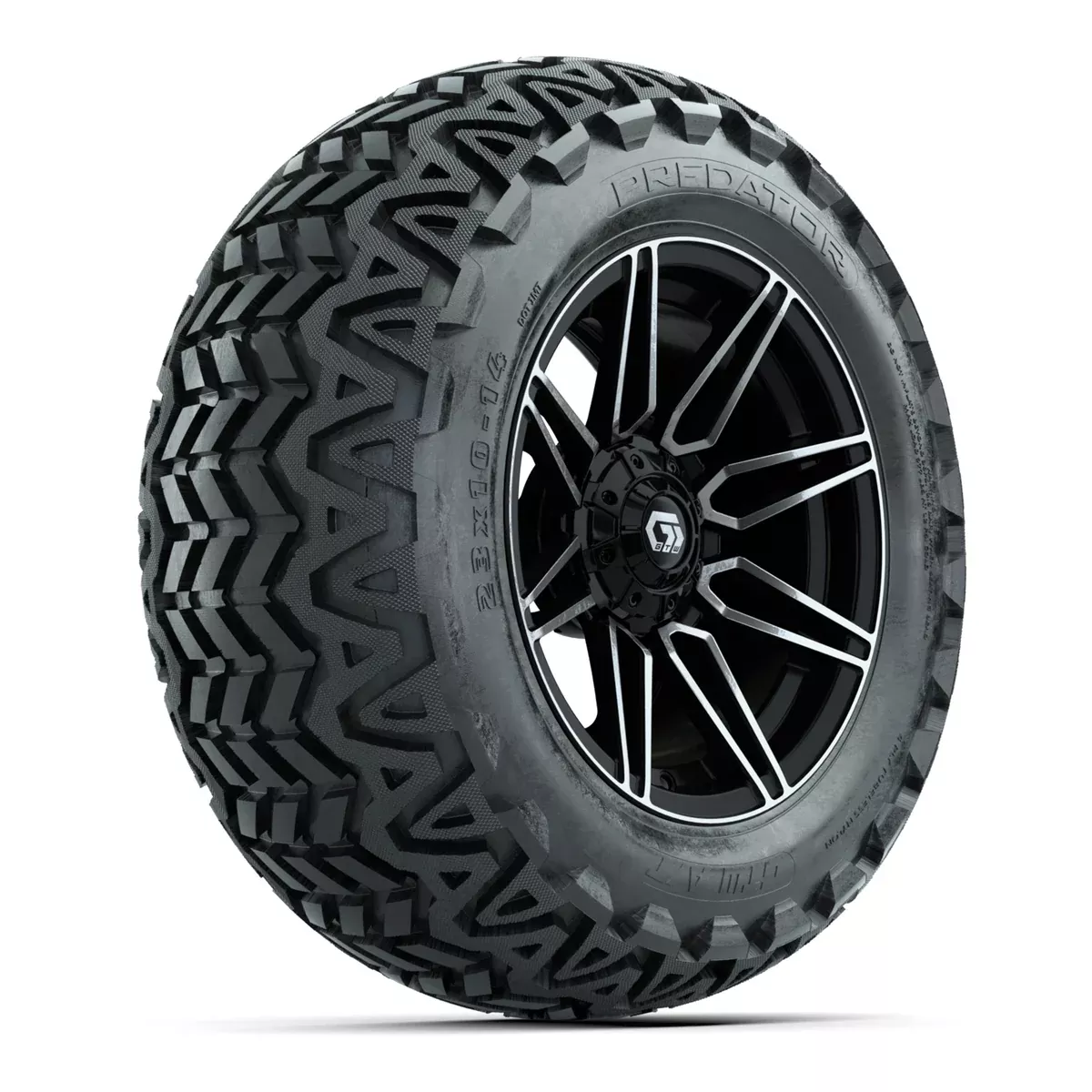 GTW Stealth Gloss Black/Machined 14 in Wheels with 23x10-14 Predator All-Terrain Tires Full Set