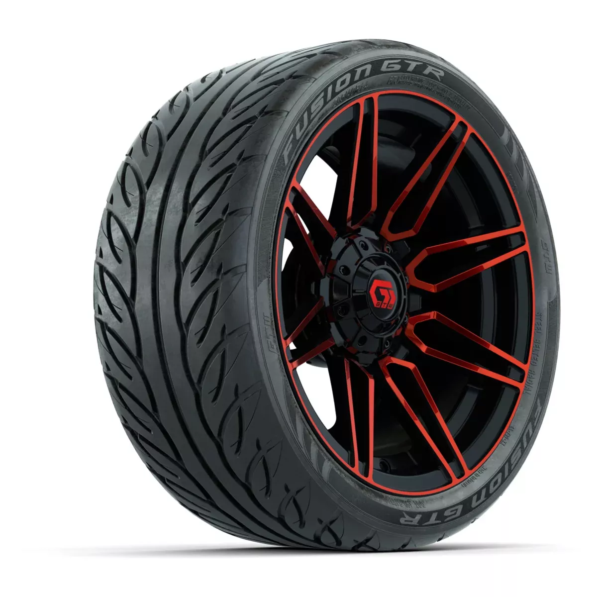 GTW Stealth Gloss Black/Red 14 in Wheels with 205/40-R14 Fusion GTR Steel Belted Street Tires Full Set
