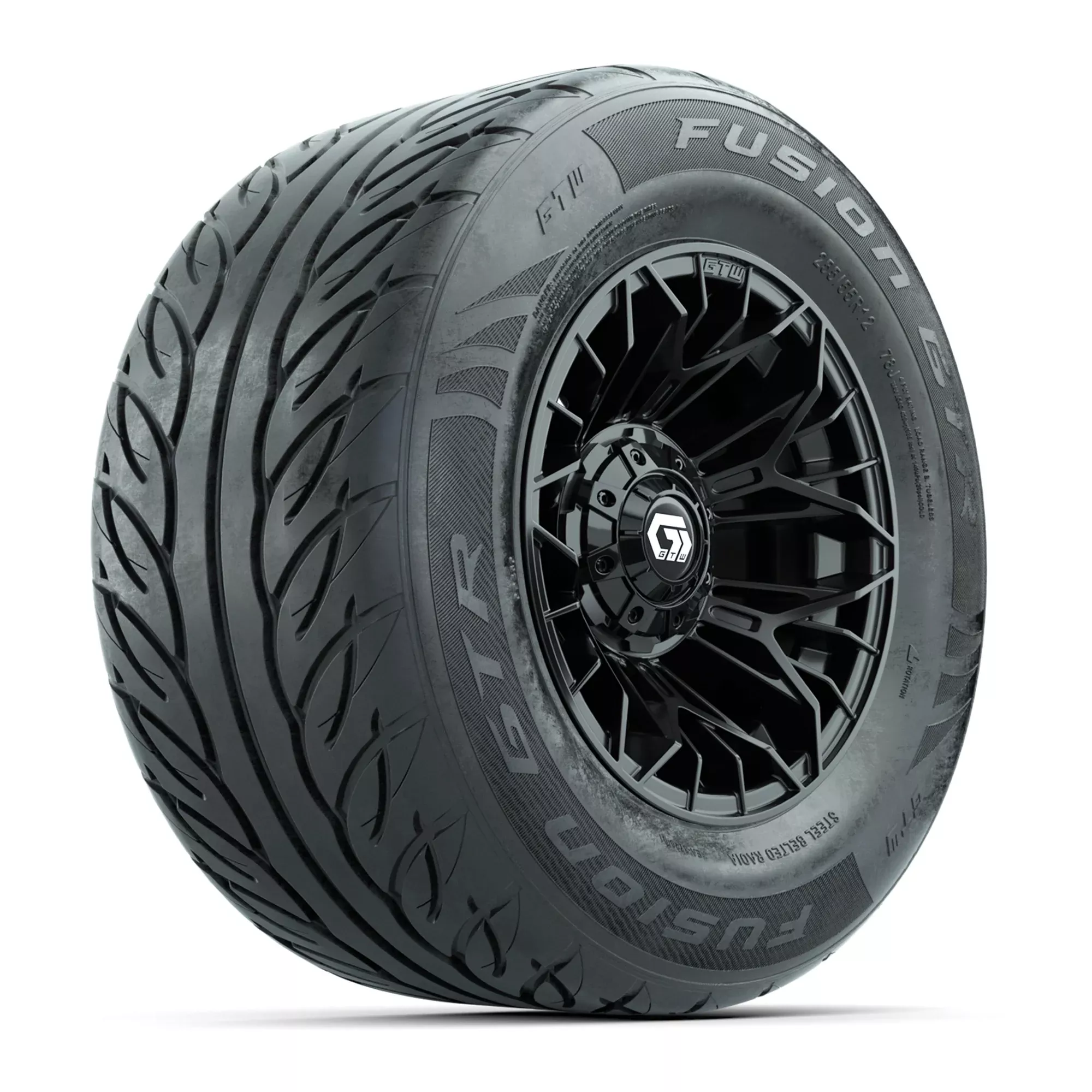 GTW Stellar Black 12 in Wheels with 255/55-R12 Fusion GTR Steel Belt Radial Street Tires - Full Set