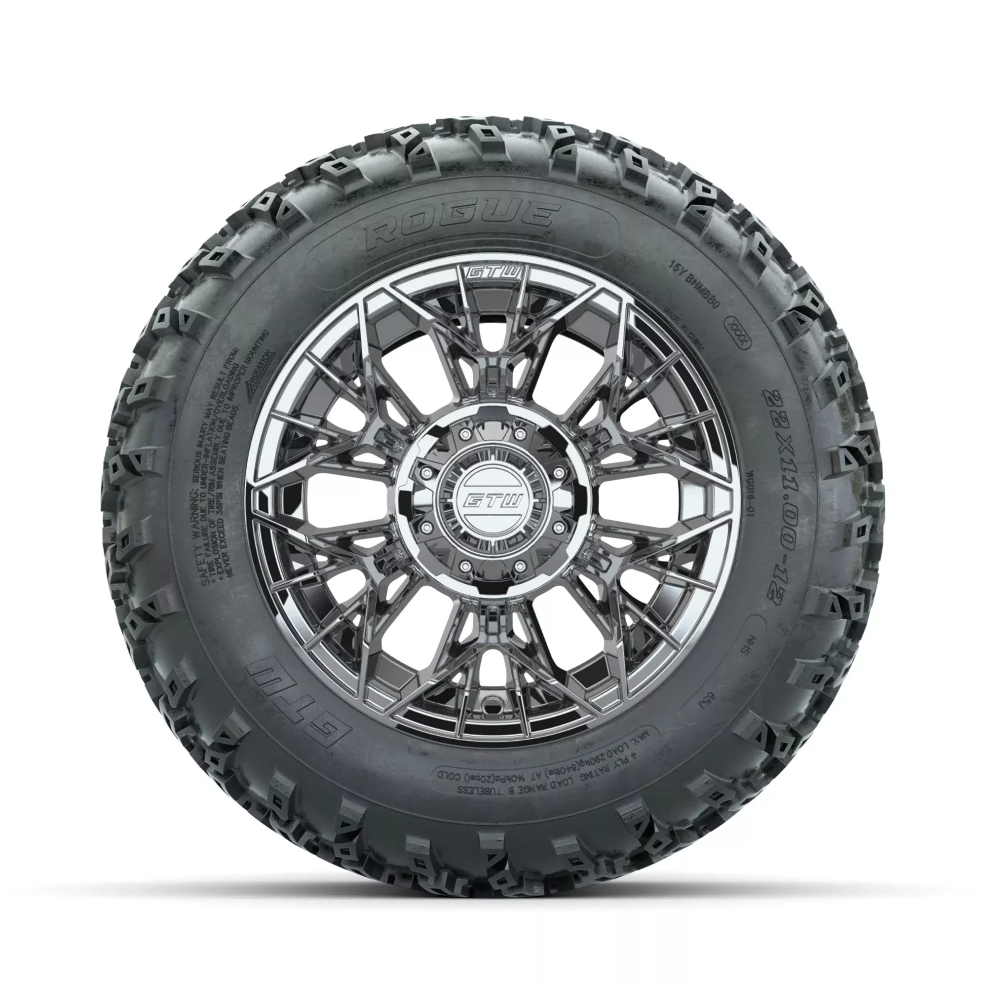 GTW Stellar Chrome 12" Wheels with 22x11.00-12 Rogue All Terrain Tires Full Set