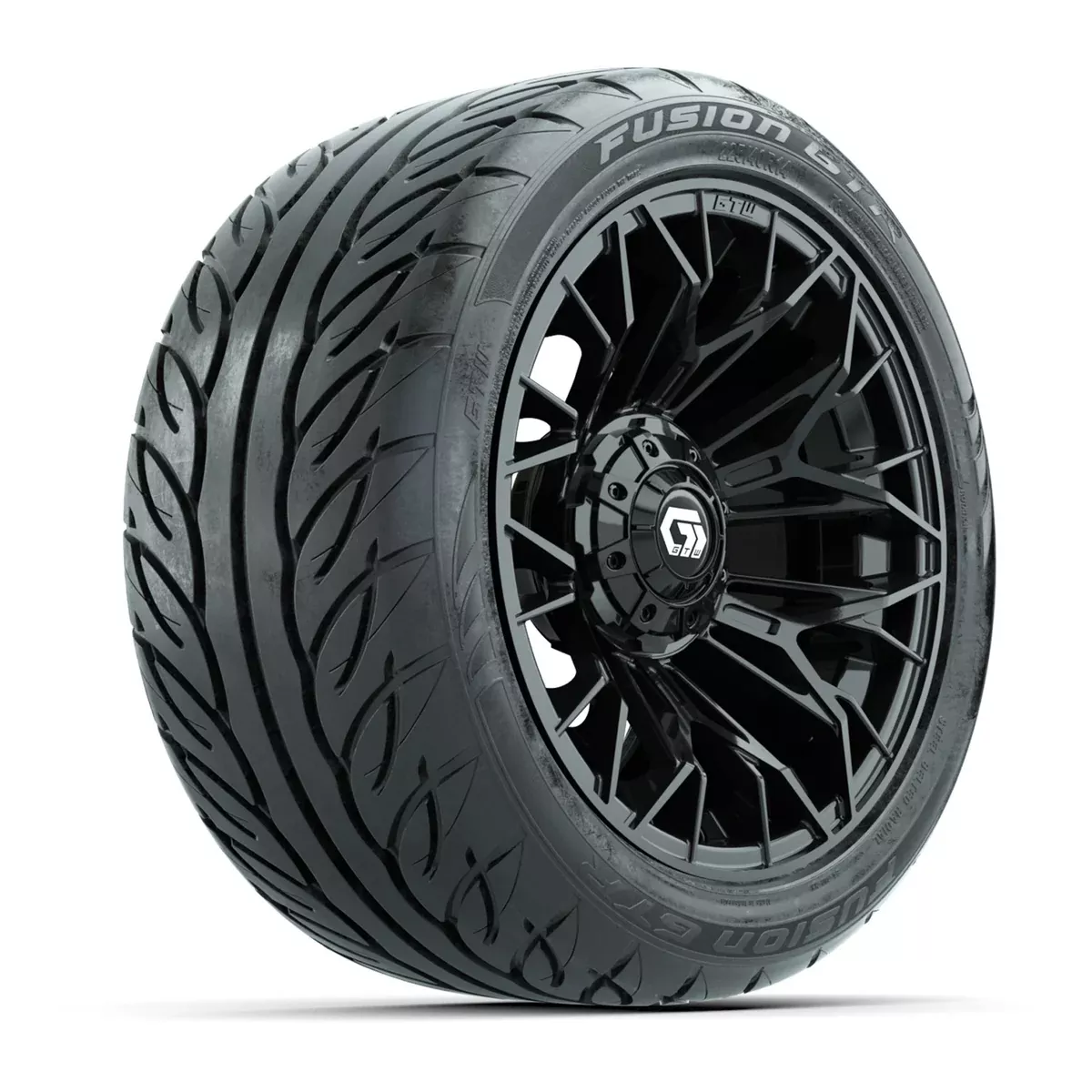 GTW Stellar Matte Black 14 in Wheels with 225/40-R14 Fusion GTR Street Tires Full Set