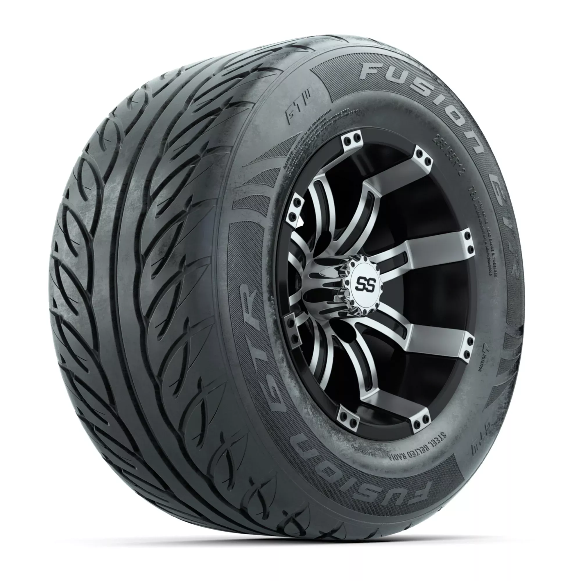 GTW Tempest Black/Machined 12 in Wheels with 255/55-R12 Fusion GTR Steel Belt Radial Street Tires - Full Set