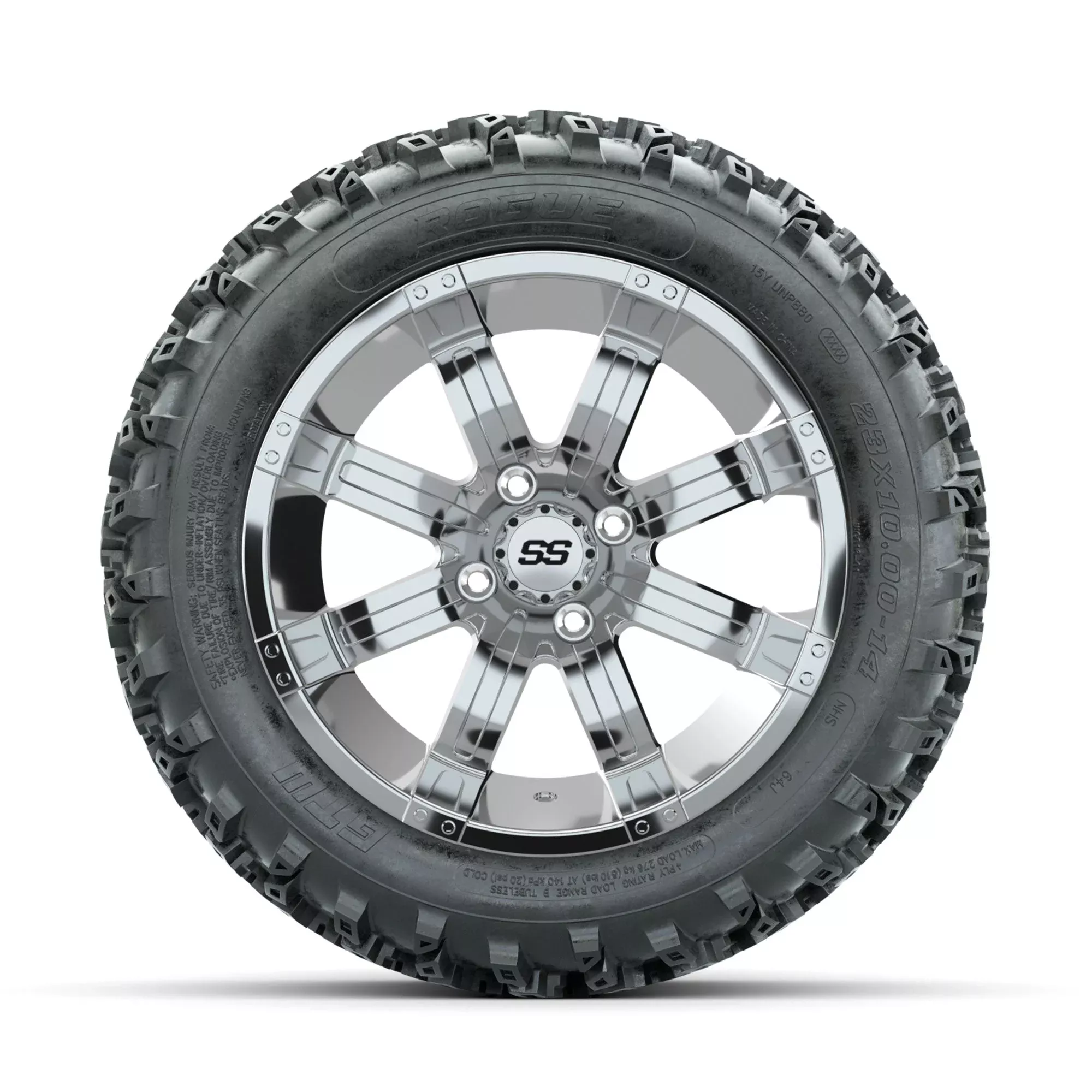 GTW Tempest Chrome 14" Golf Cart Wheels with 23x10.00-14 Rogue All-Terrain Tires – Set of 4