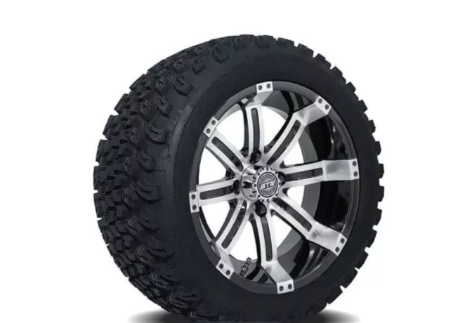 GTW Tempest Machined & Black 14" Golf Cart Wheels with 23x10-14 Duro Desert A/T Tires – Set of 4