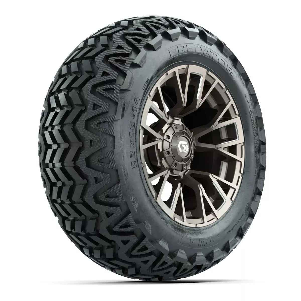 GTW Vandal Satin Bronze/Machined 14 in Wheels with 23x10-14 Predator All-Terrain Tires – Full Set