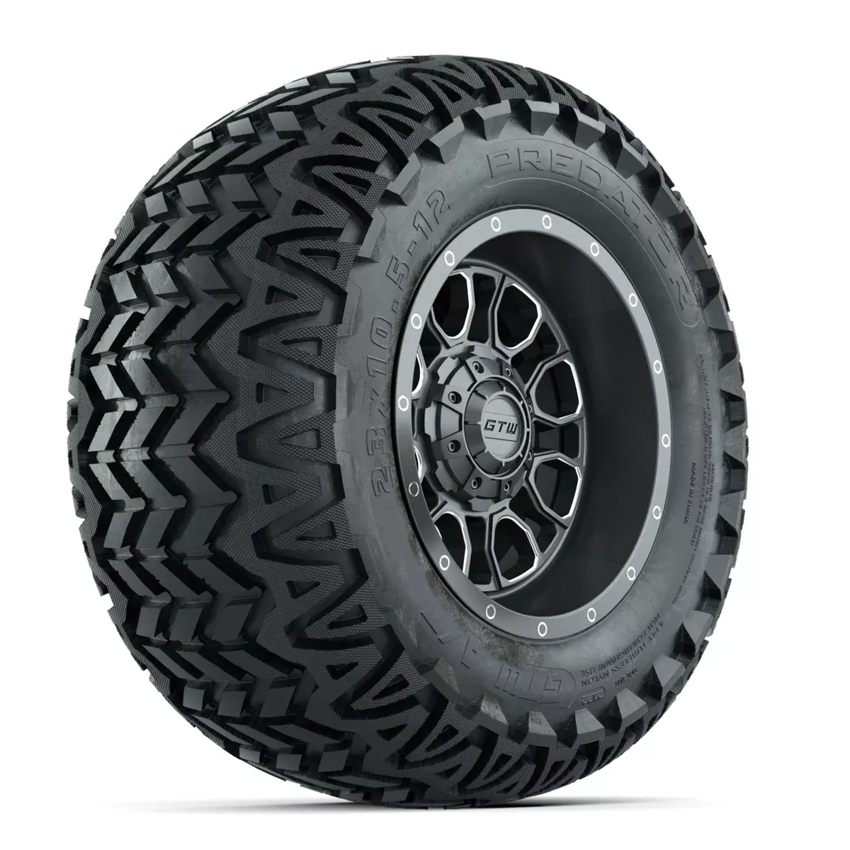 GTW Volt Gunmetal/Machined 12" Wheels with 23x10.5-12 Predator All Terrain Tires Full Set