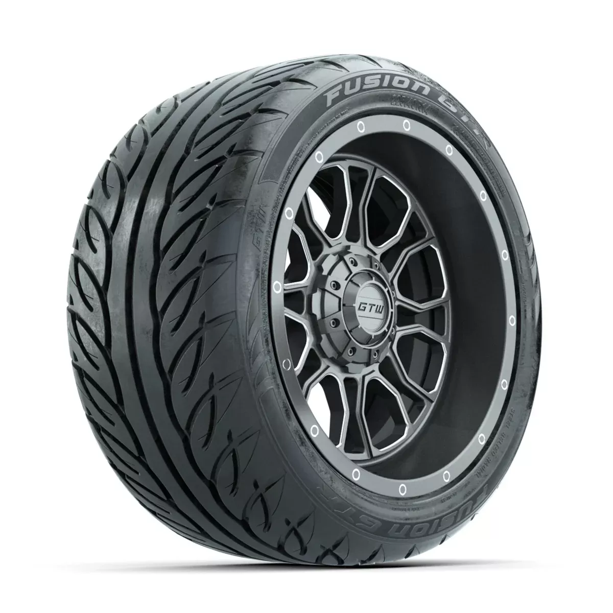 GTW Volt Gunmetal/Machined 14 in Wheels with 225/40-R14 Fusion GTR Street Tires Full Set