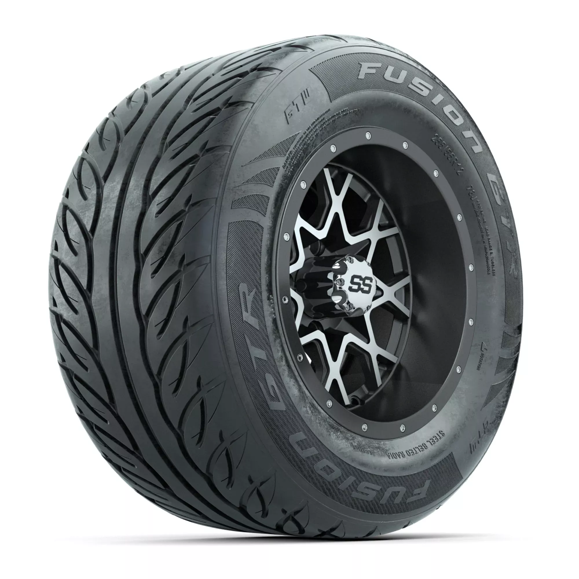 GTW Vortex 2 Matte Gray/Machined 12 in Wheels with 255/55-R12 Fusion GTR Steel Belt Radial Street Tires - Full Set
