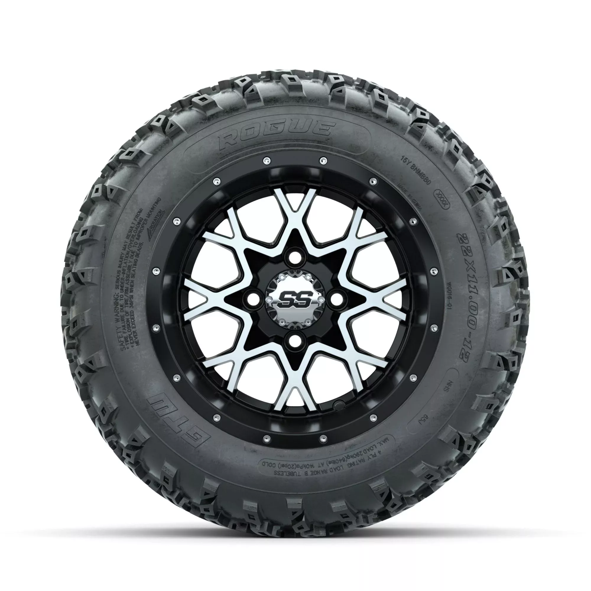 GTW Vortex Machined/Matte Black 12" Wheels with 22x11.00-12 Rogue All Terrain Tires Full Set