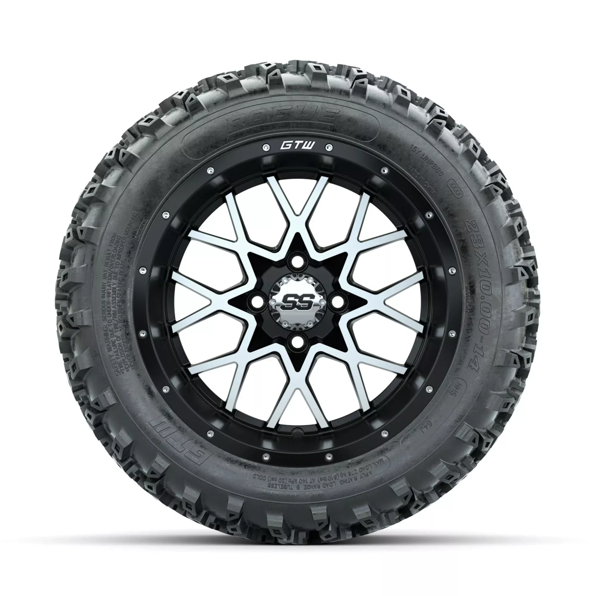 GTW Vortex Machined/Matte Black 14 in Wheels with 23x10.00-14 Rogue All Terrain Tires Full Set