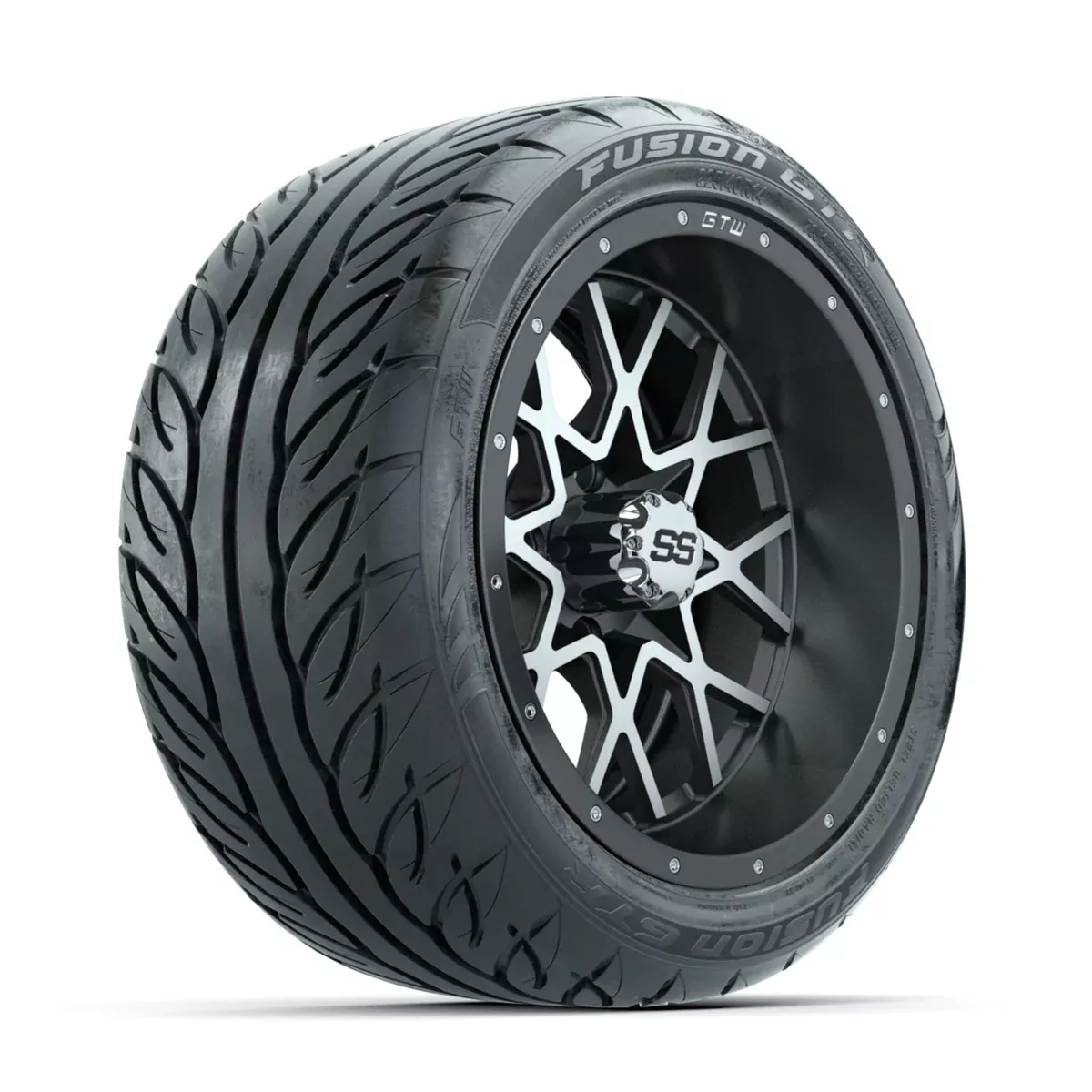 GTW Vortex Machined/Matte Grey 14 in Wheels with 225/40-R14 Fusion GTR Street Tires Full Set