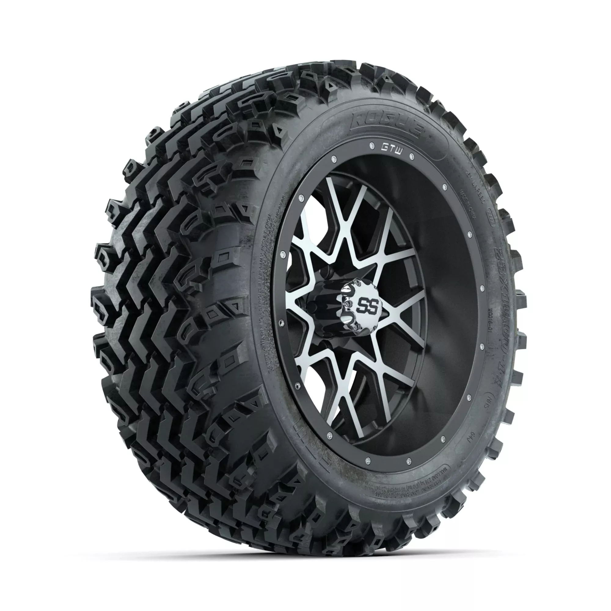GTW Vortex Machined/Matte Grey 14 in Wheels with 23x10.00-14 Rogue All Terrain Tires Full Set