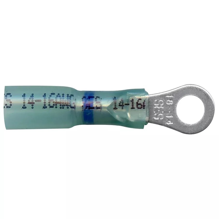 Heat Shrink & Crimp Blue Long Neck Ring Terminal 16-14 Gauge #10 Stud - 10 or 100 Pack
