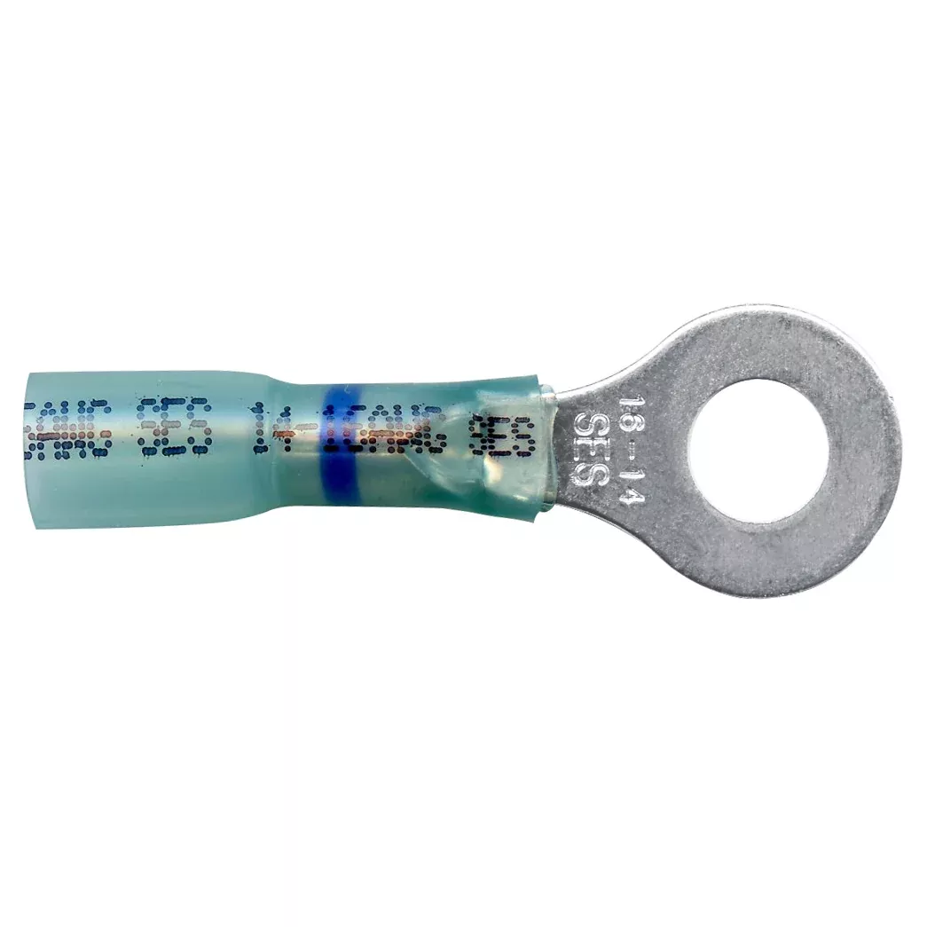 Heat Shrink & Crimp Blue Long Neck Ring Terminal 16-14 Gauge 5/16 Stud - 10 or 100 Pack