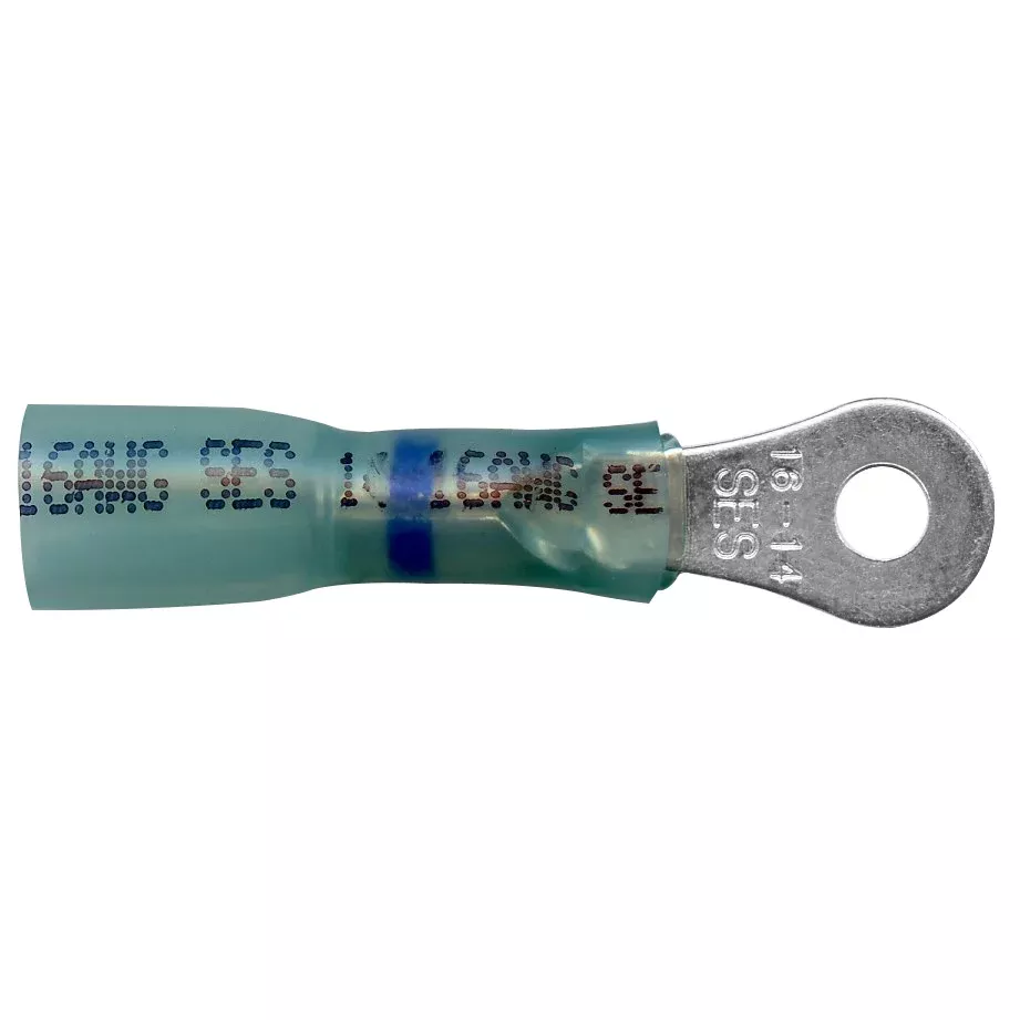 Heat Shrink & Crimp Blue Long Neck Ring Terminal 16-14 Gauge #6 Stud - 10 or 100 Pack