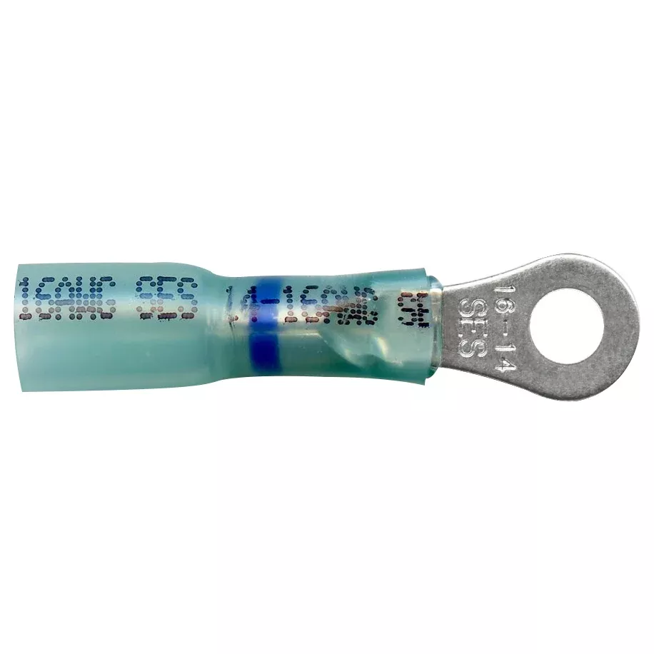Heat Shrink & Crimp Blue Long Neck Ring Terminal 16-14 Gauge #8 Stud - 10 or 100 Pack