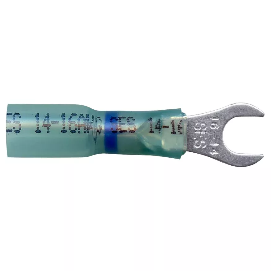 Heat Shrink & Crimp Blue Long Neck Spade Terminal 16-14 Gauge #10 Stud - 10 or 100 Pack