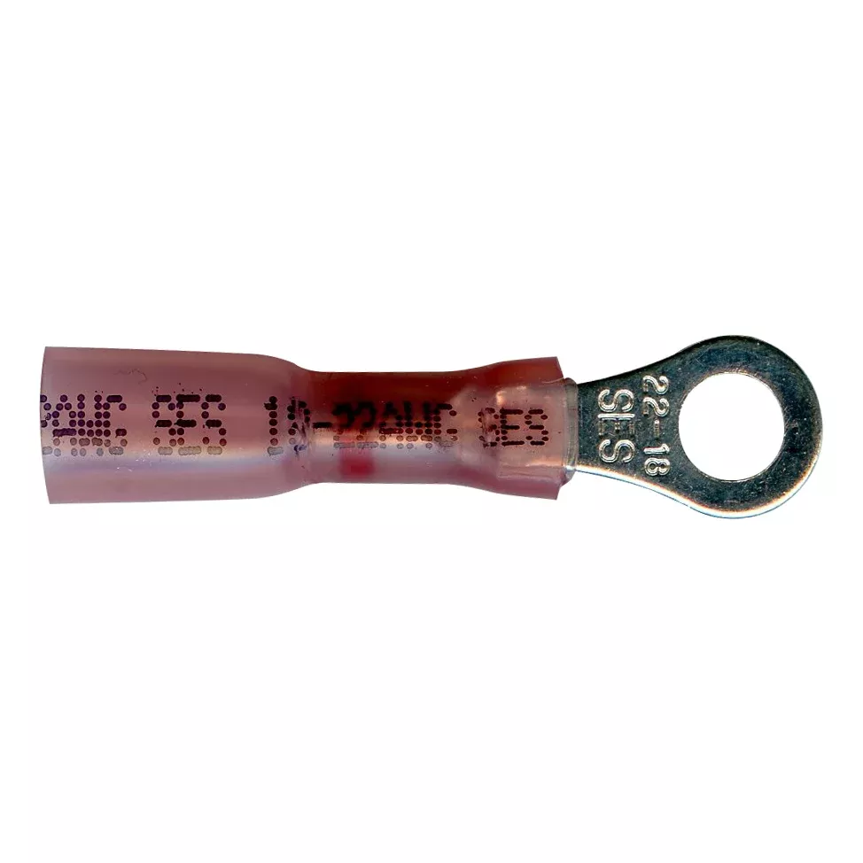 Heat Shrink & Crimp Red Long Neck Ring Terminal 22-18 Gauge #10 Stud - 10 or 100 Pack