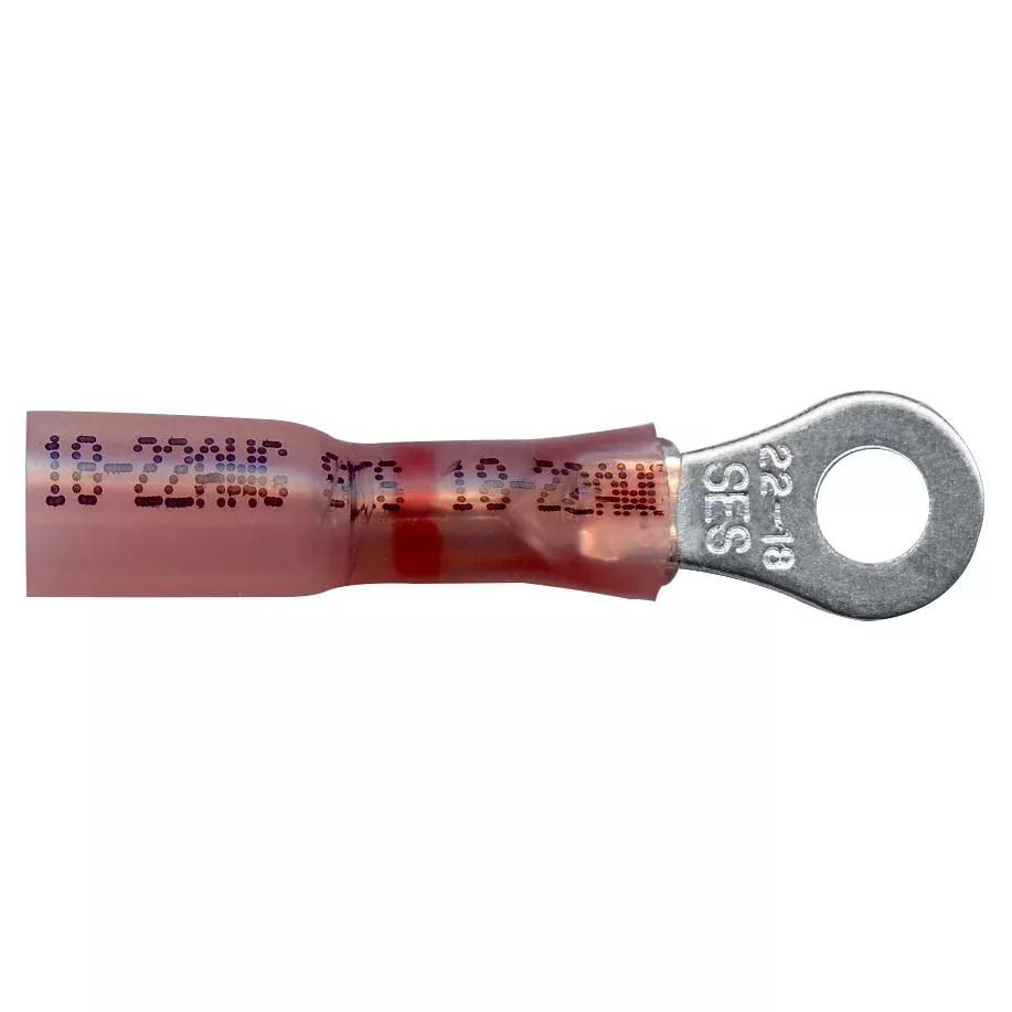 Heat Shrink & Crimp Red Long Neck Ring Terminal 22-18 Gauge #8 Stud - 10 or 100 Pack
