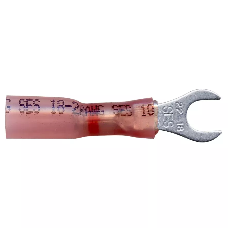 Heat Shrink & Crimp Red Long Neck Spade Terminal 22-18 Gauge #10 Stud - 10 or 100 Pack