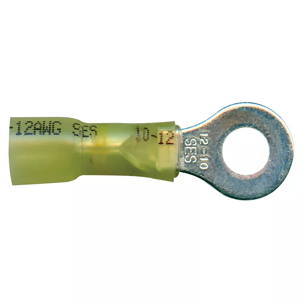 Heat Shrink & Crimp Yellow Long Neck Ring Terminal 12-10 Gauge 1/4 Stud - 10 or 100 Pack